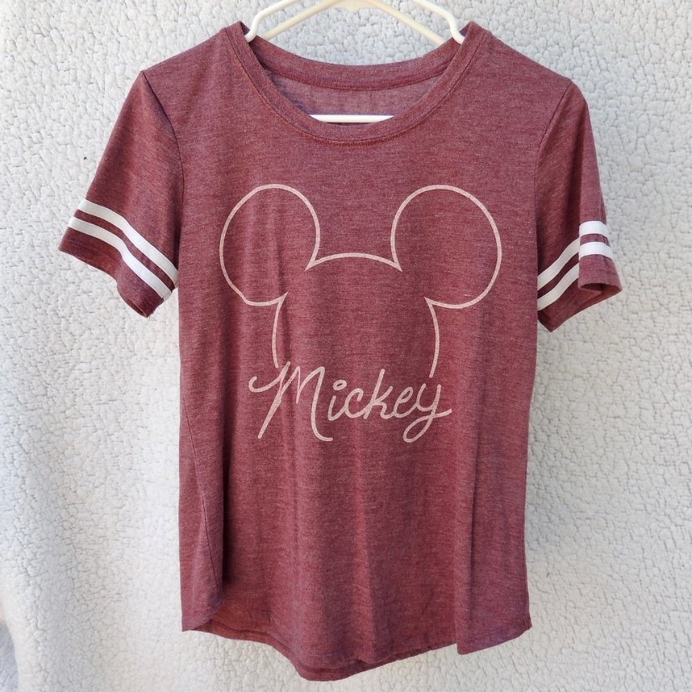 Disney Mickey Tee Shirt Maroon Red White Stripe